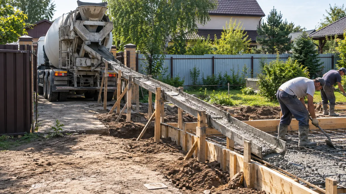 Бетон по удлинённому лотку к опалубке, до которой миксеру не подъехать