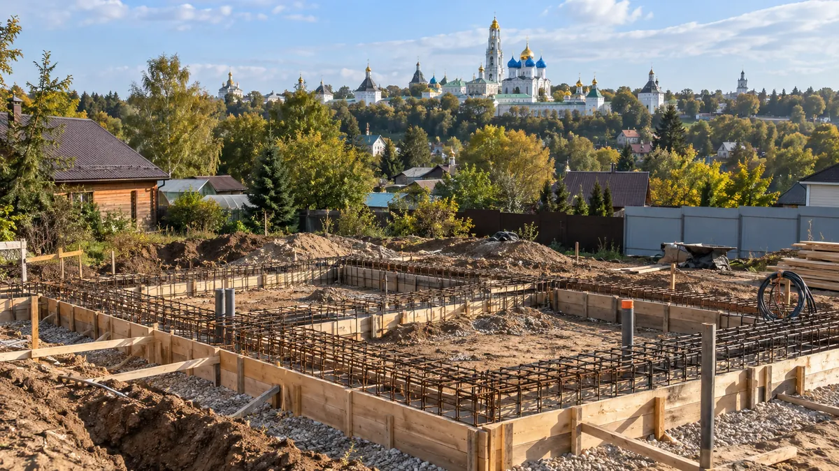 Арматурный каркас ленточного фундамента, вдали купола Троице-Сергиевой лавры